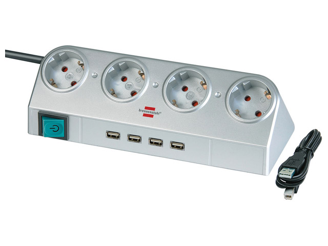 Удлинитель настольный 1.8м (4 роз., 4 USB порта) серебро  (кабель H05VV-F 3G1,5)  ...BRENNENSTUHL 1153540134