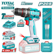 Дрель-шуруповерт ударная, 20В, 2АКБ 2,0 / 4,0, 2000 об.мин, 86 Нм,   ...TOTAL TIDLI20868