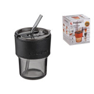 Стакан стеклянный для напитков с трубочкой и кожаным кейсом, 400 мл, Smoke Grey  ...PERFECTO LINEA 31-400101