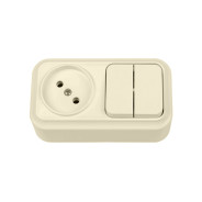 Блок выключатель двухклавишный + розетка бежевая открытой установки, Вариант  ...BYLECTRICA 2В-РЦ-7121 бежевый