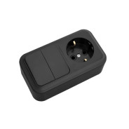 Блок выкл. 2 клав. + розетка (открытая, с/з) черный, Пралеска  ...BYLECTRICA 2В-РЦ-529чер