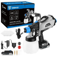 Краскопульт аккумуляторный, 20В, 2АКБ 3,0 А/ч, HVLP, сопло 1 / 1,8 / 2,5 мм, производ. 590 мл/мин,  ...Deko 085-1337