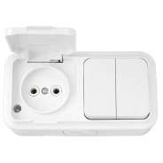 Блок белый выключатель двухклавишный + розетка открытой установки, Пралеска Аква  ...BYLECTRICA 2В-РЦ-655