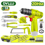 Дрель-шуруповерт с набором инструмента , 12В, 1АКБ 1,5 А/ч, 20 Нм, 0-750, дерево 20 мм,  металл 10 м...DYLLU DTDT1B77