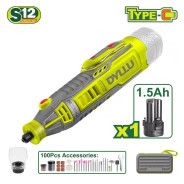 Гравер аккумуляторный, 12В, 1АКБ 1,5 А/ч, 8000-32000 об/мин,USB Type-C,цанга-3,2 мм,   ...DYLLU DTRY1M121