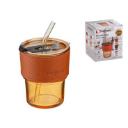 Стакан стеклянный для напитков с трубочкой и кожаным кейсом, 400 мл, Amber  ...PERFECTO LINEA 31-400201