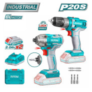 Набор аккумуляторных инструментов, 20В, 2АКБ 2,0 А/ч,   TOTAL TOSLI230708