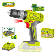Дрель-шуруповерт ударная аккумуляторная, 20В, 1 АКБ 1,5 А/ч, 1500 об.мин, 35 Нм,   ...DYLLU DTCDP521