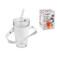 Стакан стеклянный для напитков с трубочкой, кожаным ремешком и кейсом, 450 мл, Clear  ...PERFECTO LINEA 31-450301