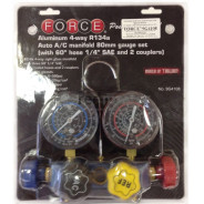 Алюминиевый блок манометров, для фриона R134A ( 2 крана, 4 цветных шланга 60"х1/4" )  ...Force 9G4108