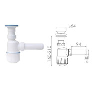 Сифон для умывальника, выпуск 64mm, с отводом 32mm  AV Engineering AVE129749