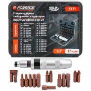 Отвертка ударная с набором бит и адаптерами,17пр.1/2"(F)х5/16"(F) 5/16"(М)x1/2"(...Forsage F-5171