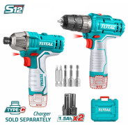 Набор аккумуляторного инструмента, 12В, 2АКБ 1,5 А/ч,   TOTAL TOSLI240586