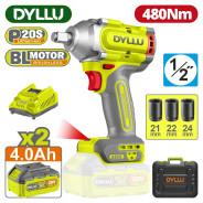 Гайковерт, 1/2, 20В, 2АКБ 4,0 А/ч, 1200/800/2200об/мин,2400/2800/3300уд/мин,480Нм,  ...DYLLU DTCD1B483