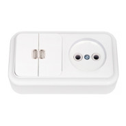 Блок белый выключатель двухклавишный + розетка открытой установки, со световой индикацией ...BYLECTRICA 2В-РЦ-565