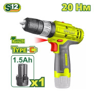 Дрель-шуруповерт ударная , 12В, 1АКБ 1,5 А/ч, 20 Нм, 1500 об.мин,  ...DYLLU DTCDS540