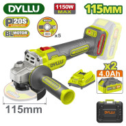 Углошлифмашина аккумуляторная, 20В, 2АКБ 4,0 А/Ч, 3000/6000/9000 об-мин, диск 115 мм,   ...DYLLU DTLAPB522