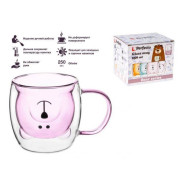 Кружка стеклянная с двойными стенками 250 мл розовая серия Bear (Стеклянная кружка ручной работы из ...PERFECTO LINEA 30-125204