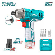 Винтоверт, 1/4'' Hex, 12В, 2АКБ 1.5 А/ч, 100Нм, 2000 об/мин,  TOTAL TIRLI12015