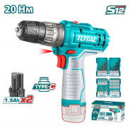 Дрель-шуруповерт ударная, 12В, 2АКБ 1,5 А/ч, 20Нм ,1500 об.мин,   ...TOTAL TOSLI240467