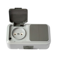 Блок серый выключатель двухклавишный + розетка брызгозащищенная открытой установки,  2В-РЦ-655...BYLECTRICA 2В-РЦ-655(03)