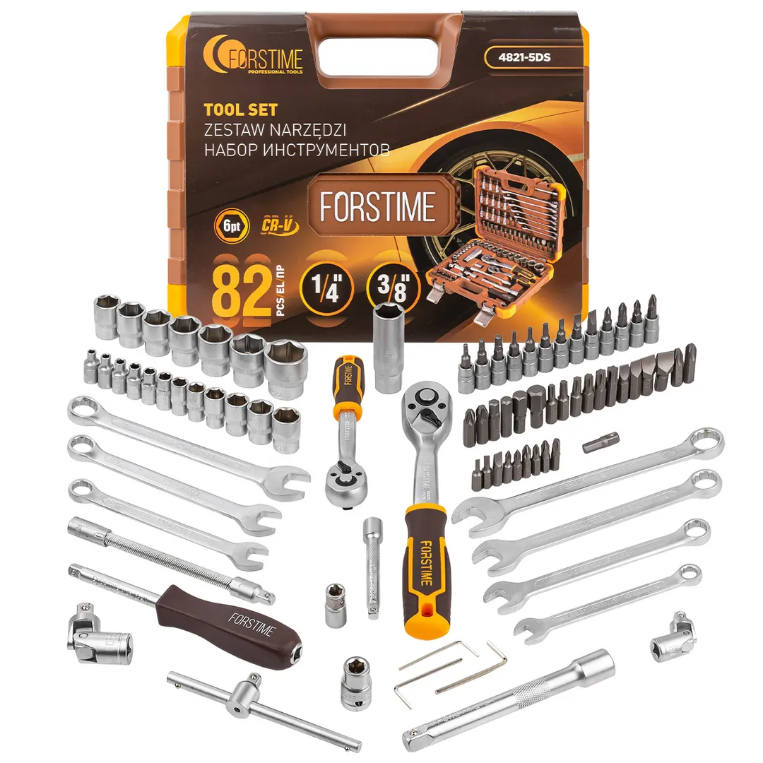 Набор инструментов в пластиковом кейсе (82 предмета) 1/4". 3/8"  ...FORSTIME FT-4821-5DS