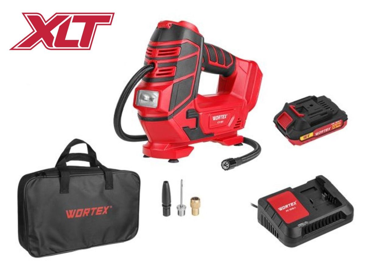 Аккумуляторный компрессор CTI 1811 в кор. ALL1 МЕГА АКЦИЯ (160 PSI / 11 бар / 1100 кПа, цифровой монометр, 600 mm шланг, подсветка) WORTEX 1325446