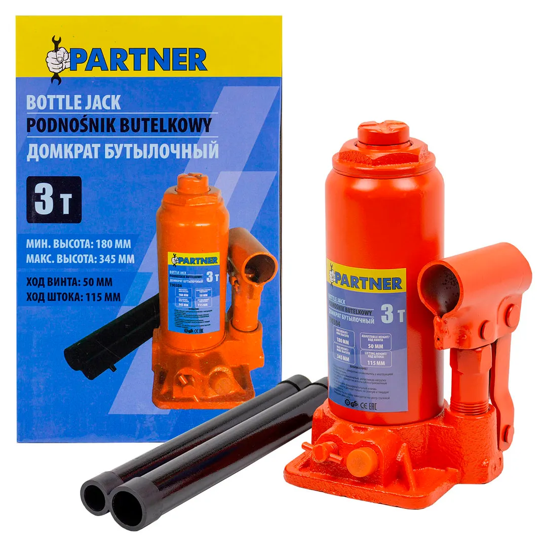 Домкрат бутылочный 3т (h min 180мм, h max 345мм) Partner PA-T90304