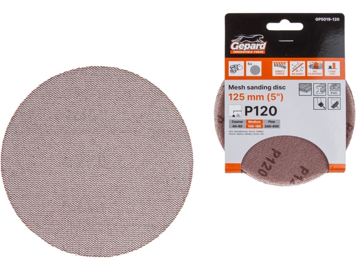 Шлифлист 125мм круг Р120 сетка, самосцепл. 5шт. (GP5019-120) GEPARD GP5019-120