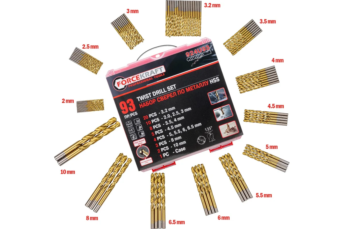 Сверла по металлу, набор 93пр. 2-10мм FORCEKRAFT FK-924U93