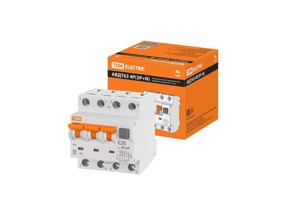 Выключатель дифференциальный автоматич. АВДТ-63/4P C25 30мА тип А TDM SQ0202-0018