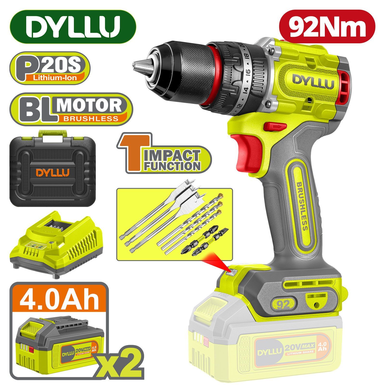 Дрель-шуруповерт ударная аккумуляторная, 20В, 2АКБ 4,0 А/ч,  БЗП 13мм, 0-500/0-2000 об/мин, 92Нм, 30000уд/мин,  DYLLU DTCDP9281