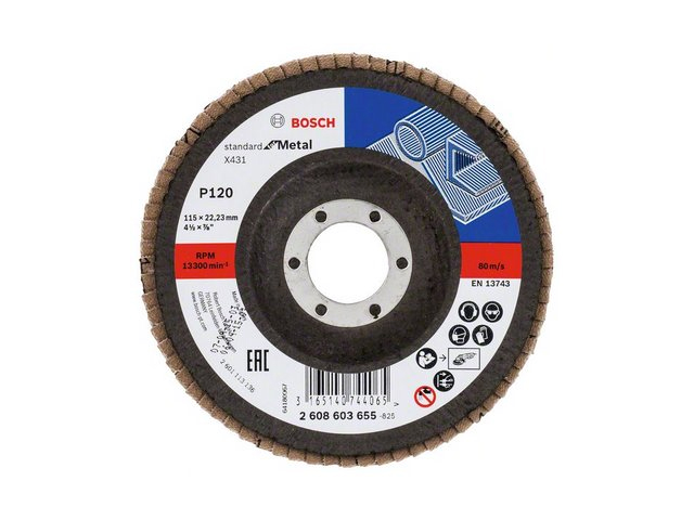 Круг лепестковый 115x22.2 mm K120 конический STANDARD FOR METAL BOSCH 2608603655