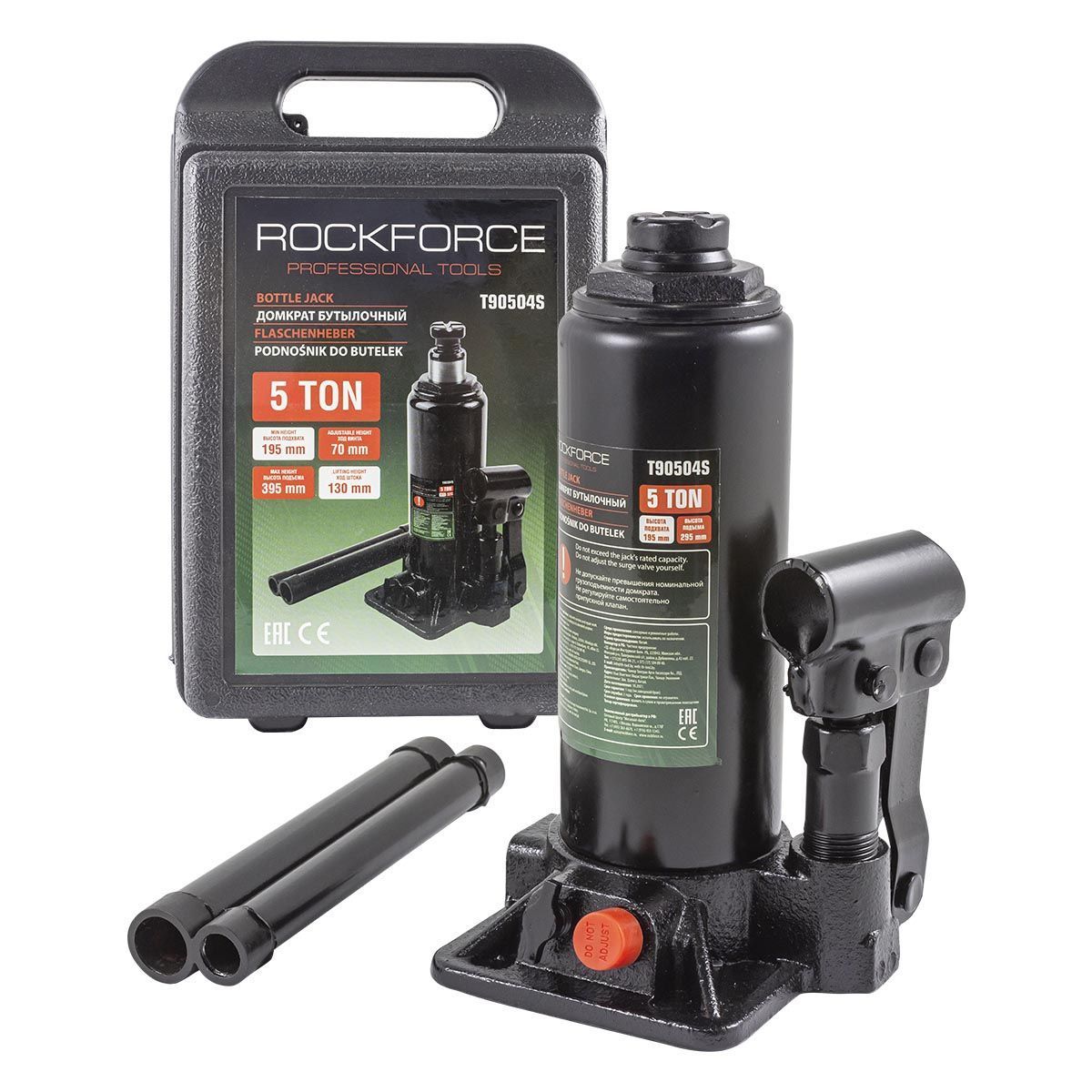 Домкрат бутылочный 5т, 195-395мм, в кейсе Rock FORCE RF-T90504-S(DS) Домкрат бутылочный 5т, 195-395мм, в кейсе Rock FORCE RF-T90504-S(DS)