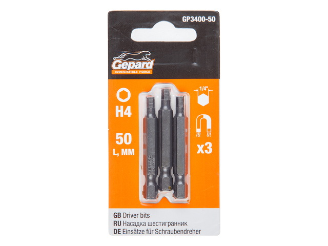 Насадка шестигранник 4mm 1/4" 50mm 3шт (H4 Hex Shank Hexagon бита под конфирмат сталь S2 магнитная) GEPARD GP3400-50