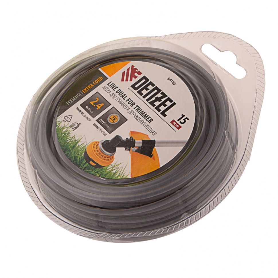 Леска двухкомпонентная для триммера, круглая 2.4mm х 15м, EXTRA CORD DENZEL 96180