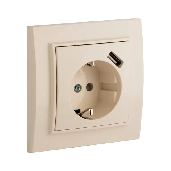 Минск Розетка 1-местная СП с/з 16А беж. с защ. штор. с USB 1А EKF ERR16-028-200-USB