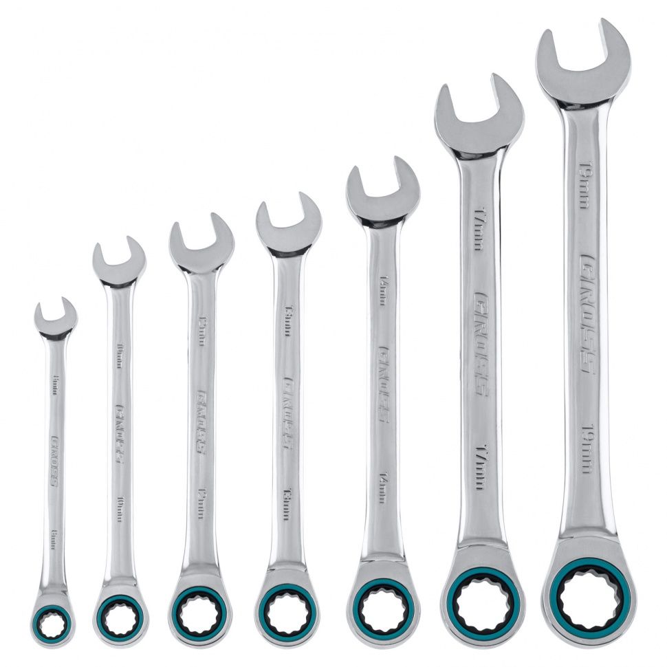 Набор ключей комбинированных с трещоткой, 8 - 19 mm, 7шт., CrV Gross 14890