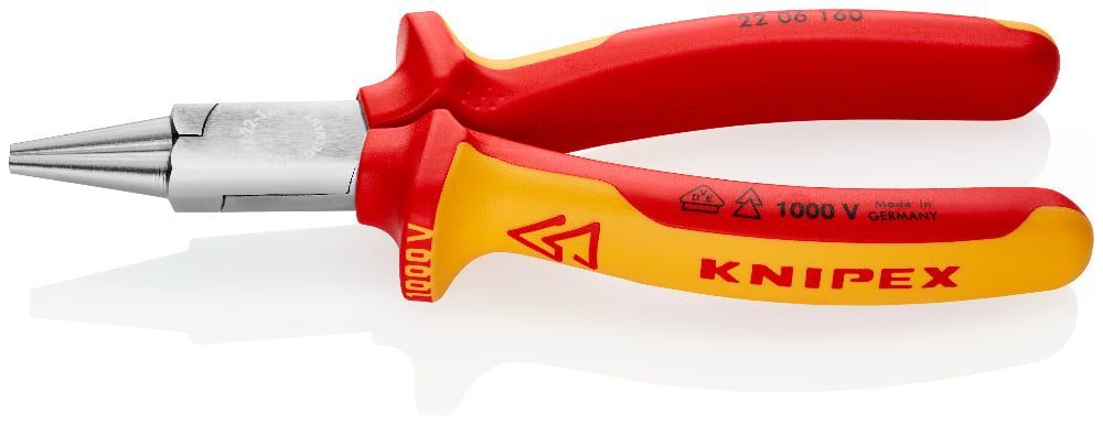 Круглогубцы VDE 1000V, губки D3х30 мм, L-160 мм, хром., 2-комп. рукоятки  KNIPEX 2206160
