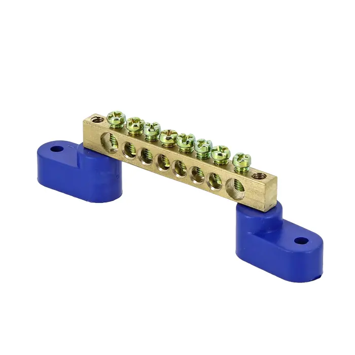 Шина "0" N (8х12мм) 8 отверстий латунь 2 синих угловых изолятора PROxima...EKF sn0-125-08-2