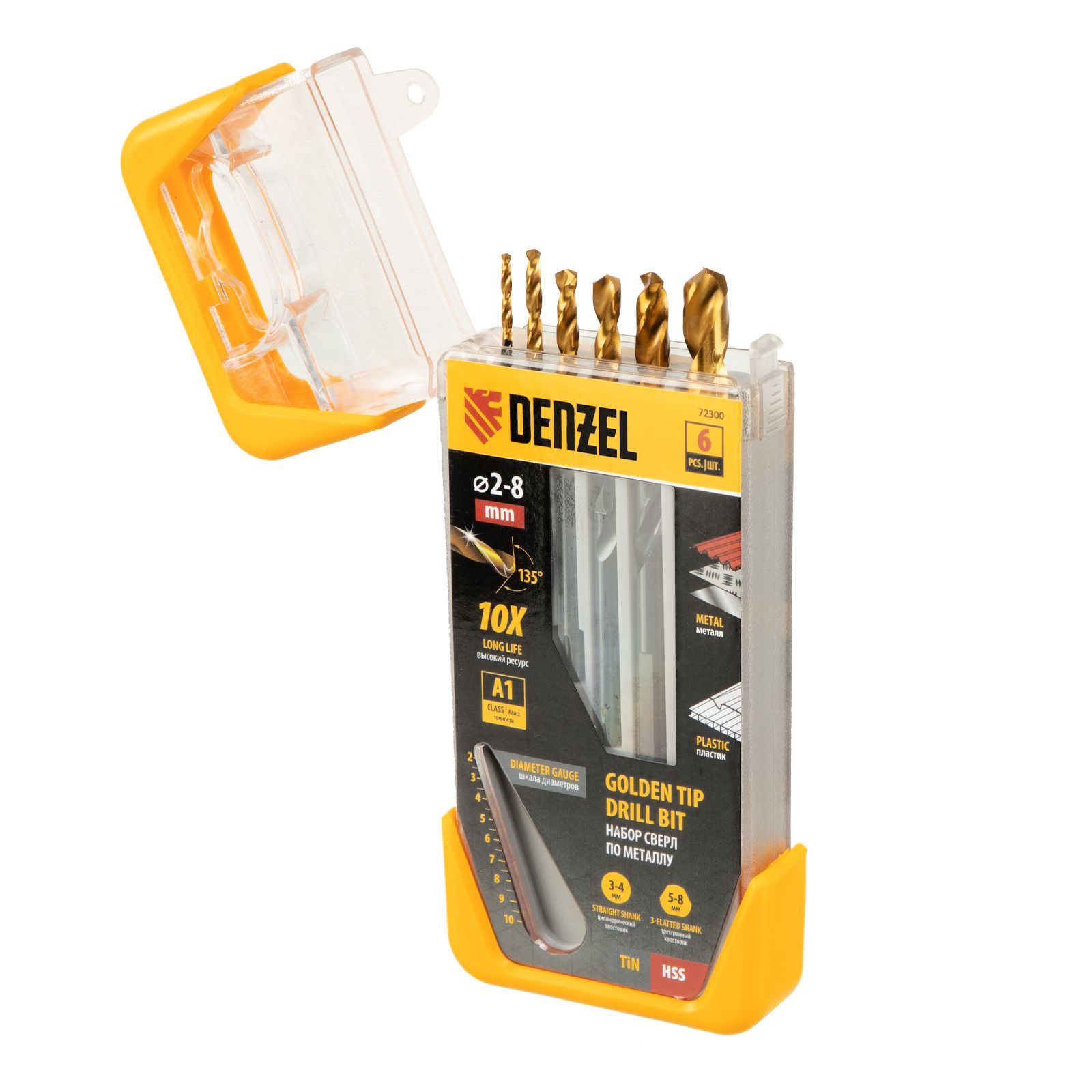 Набор сверл по металлу, 2-3-4-5-6-8 мм, HSS-Tin, Golden Tip, 6 шт.  DENZEL 72300