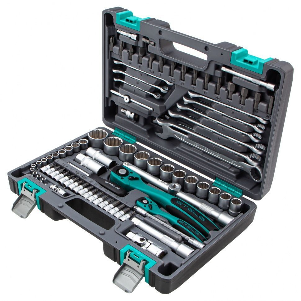 Набор инструментов 1/2", 1/4", CrV, 12 гранные головки, пластиковый кейс, 82 предмета Stels 14117