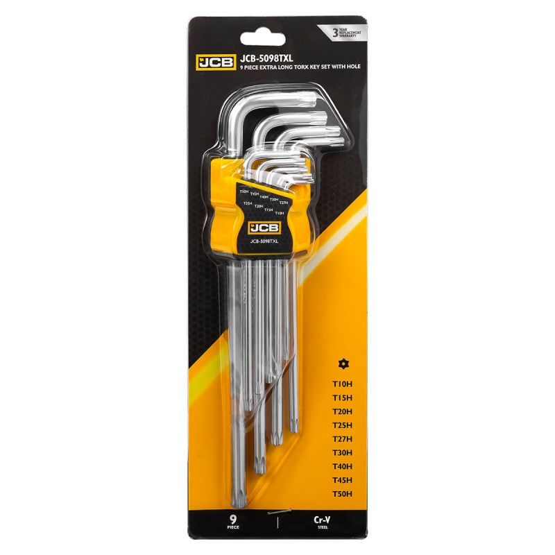 Ключи Г-образные TORX экстра длинные с отверстием, набор 9пр.  (Т10Н, Т15Н, Т20Н, Т25Н, Т27Н, Т30Н, ...JCB JCB-5098TXL