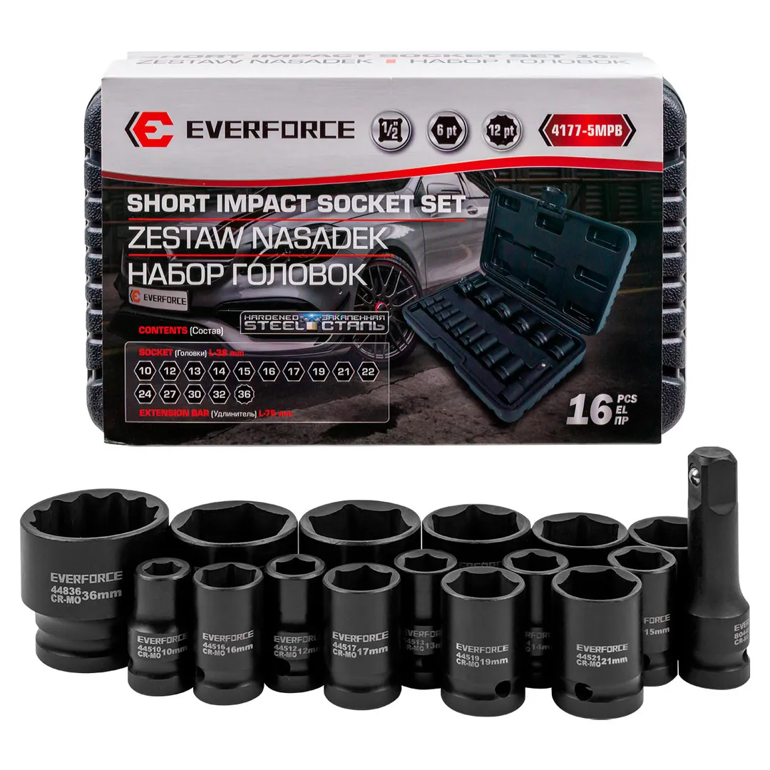 Набор головок ударных глубоких 16пр. 1/2" 12pt  EVERFORCE EF-4177-5MPB