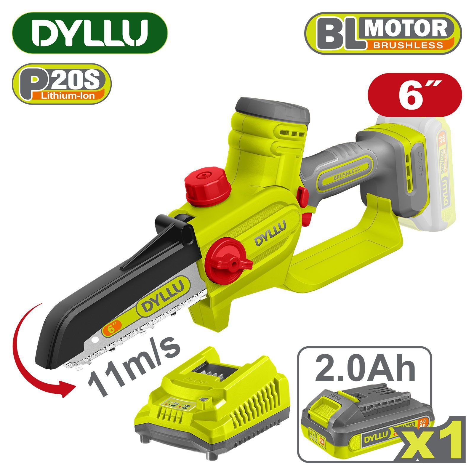 Пила цепная аккумуляторная, 20В, 1АКБ 2,0 А/ч,  DYLLU DTCLP562