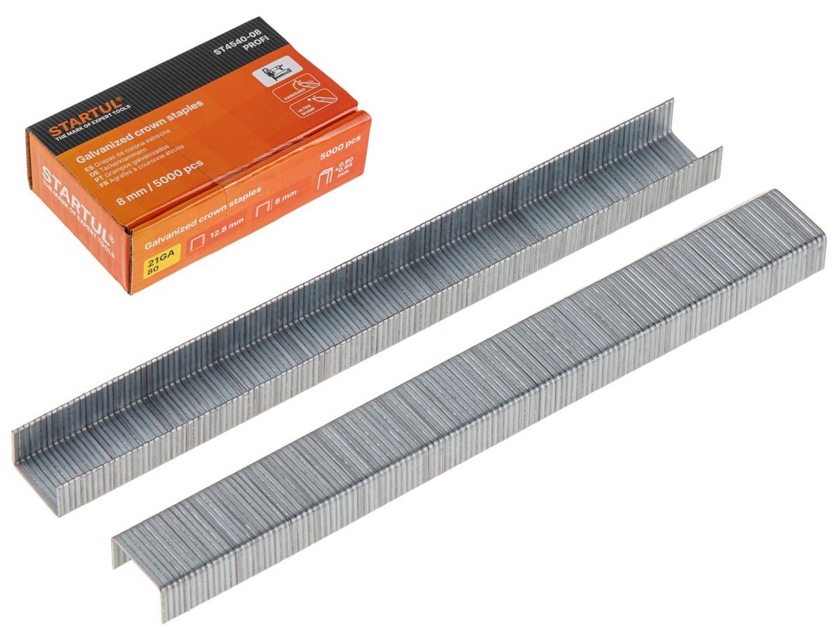 Скобы тип 21GA  8мм (5000шт) PROFI (ST4540-08) (для пневмостеплера, сечение 0,60х0,95мм, ширина скобы 12,8мм) STARTUL ST4540-08