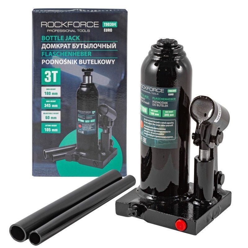 Домкрат бутылочный 3т с клапаном (h min 180мм, h max 345мм)  (Euro)Rock FORCE RF-T90304