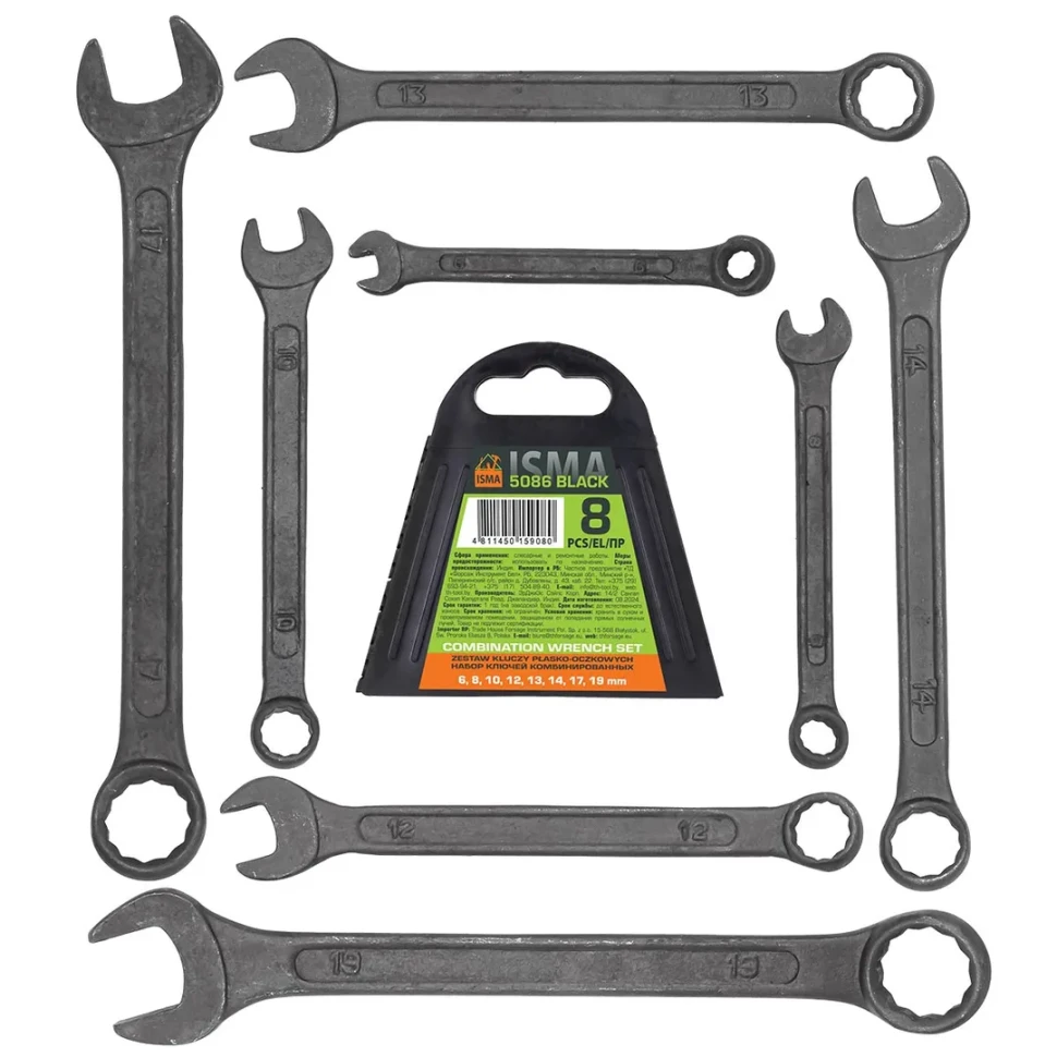 Набор ключей комбинированных 8пр.(6, 8, 10, 12-14, 17, 19мм)в пластиковом держателе ISMA ISMA-5086 BLACK