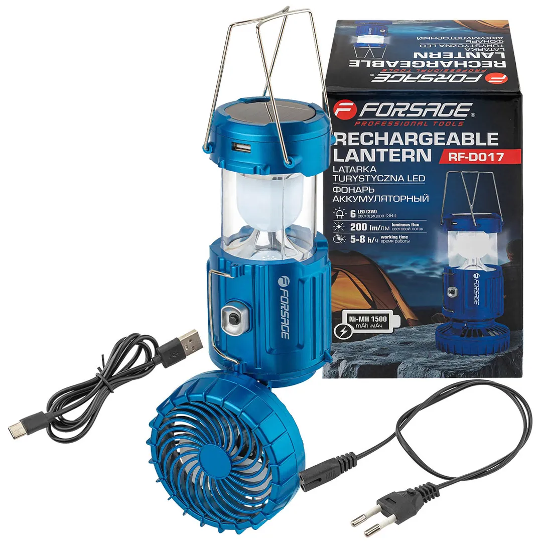Фонарь трансформер  светодиодный аккумуляторный Blue (1 LED+6 LED, зарядка 220V + солнечная батарея) Forsage F-RF-D017(blue)
