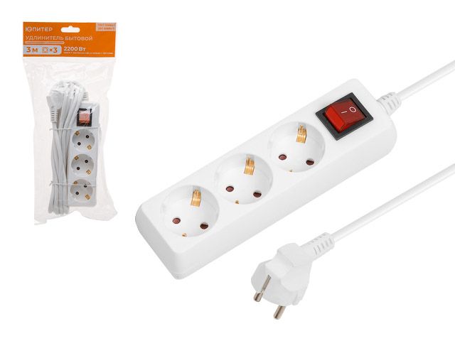 Удлинитель 3м (3 роз., 2.2кВт, с/з, выкл, ПВС 3х0.75) ЮПИТЕР JP8104-20
